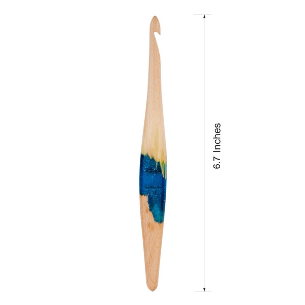 Ommi Ergonomic Handle Crochet Hooks | Handcrafted 6.7’’ Steam Beech Wood & Blue Resin Mix Crochet Hook | Knitting Needle, Craft Yarn Weave | Best Gift!