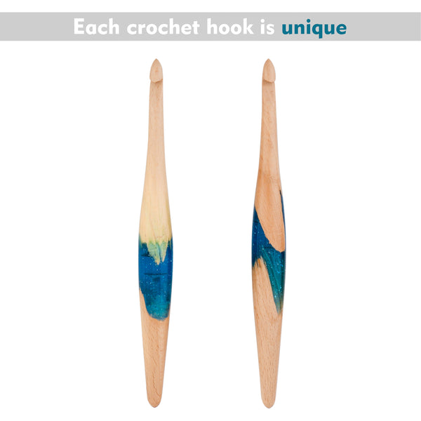 Ommi Ergonomic Handle Crochet Hooks | Handcrafted 6.7’’ Steam Beech Wood & Blue Resin Mix Crochet Hook | Knitting Needle, Craft Yarn Weave | Best Gift!